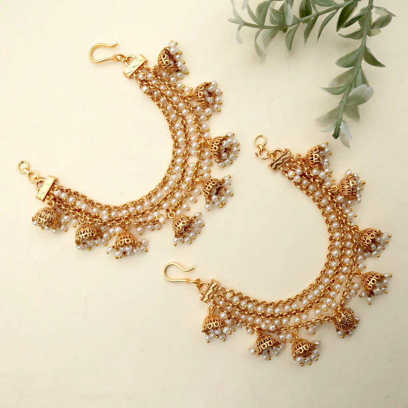3 Lines Jhumkas Hanging Pearl Bridal Earchain